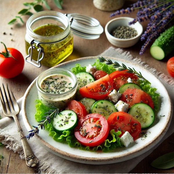 Tomaten-Gurkensalat mit Olivenkraut und Feta-Lavendeldressing